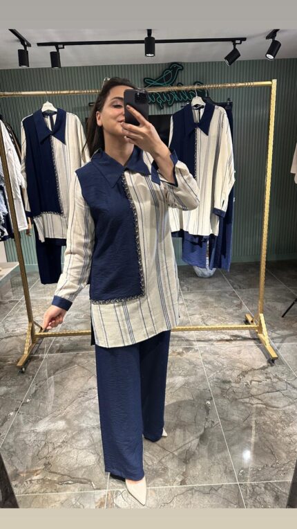 Pamuk Viskon Çizgili Tunik Pantolon Takım