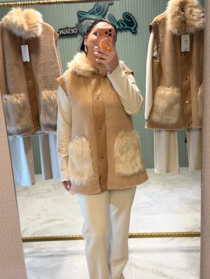 Peluş Deri Kürk Kombinli 3’lü Takım Renk: Taş