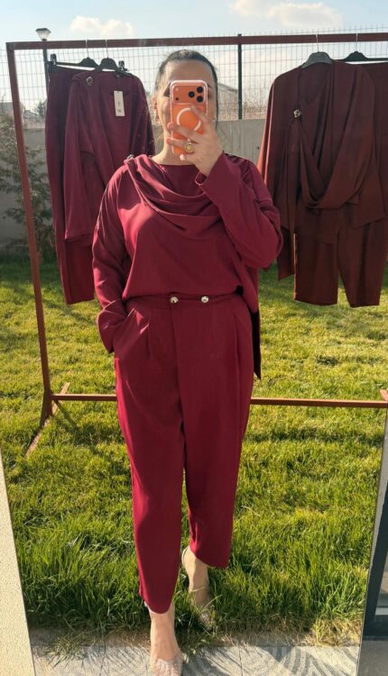 Omuzu Aksesuarlı İkili Takım – Vişne